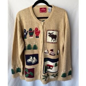 Holiday Lodge Cardigan‎ Tan Grandma Patchwork Ugly Christmas Womens 18W 20W 2X